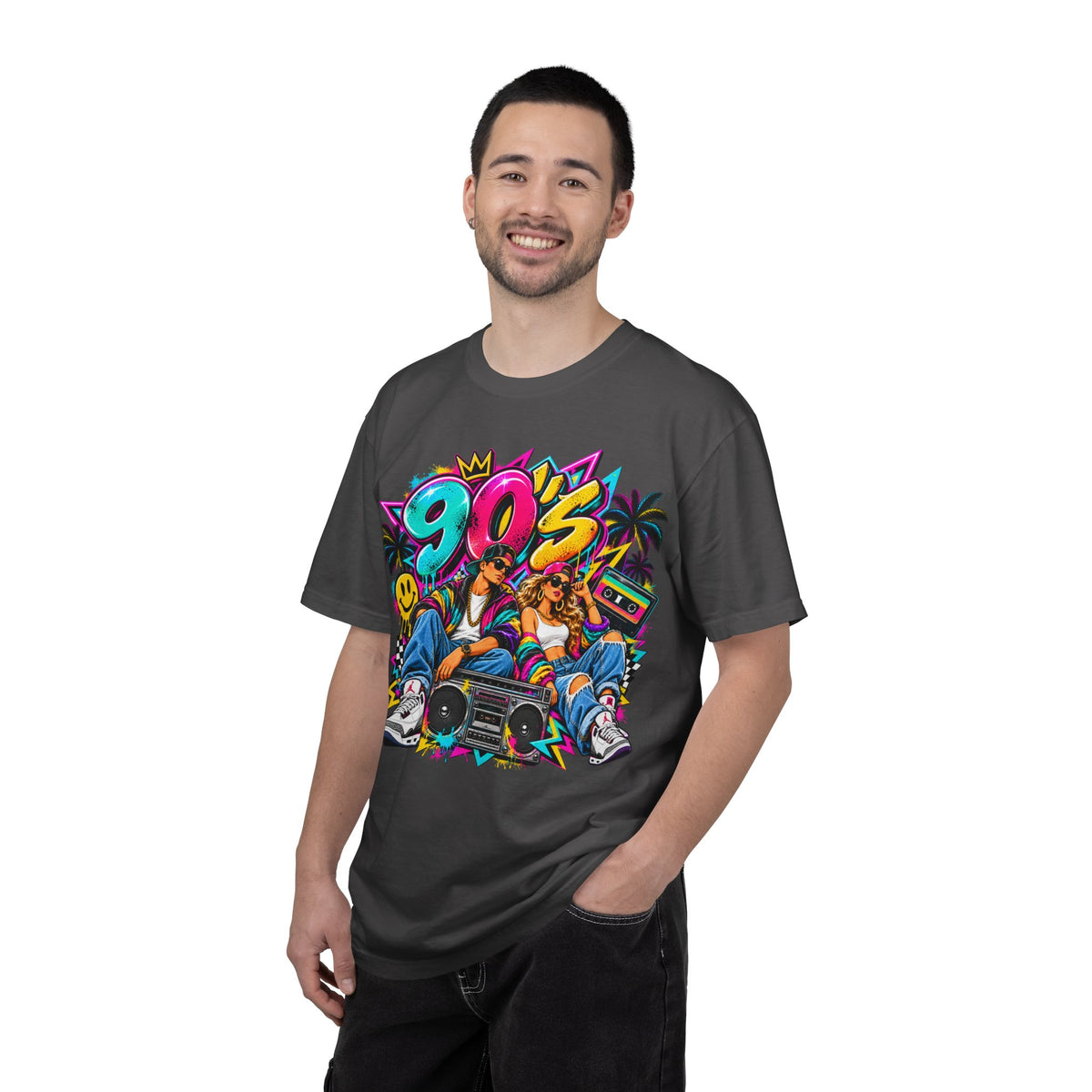 90s Retro Streetwear T-Shirt — Vintage Boombox & Neon Graffiti Design