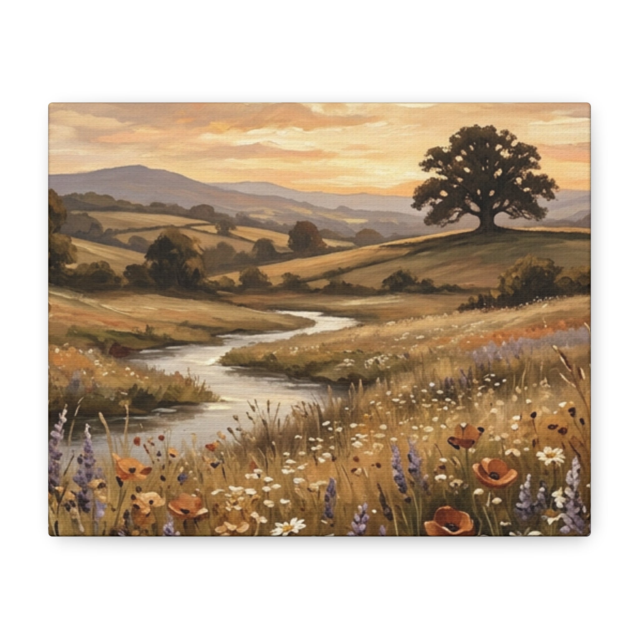Golden Meadow River Canvas Wall Art — Stretched Matte Print