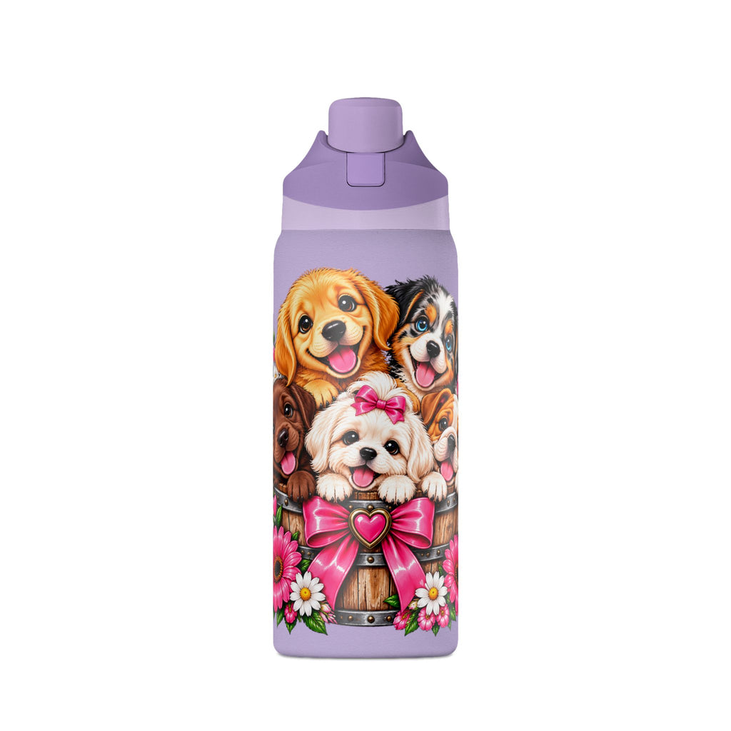 32oz Insulated Water Bottle with Adorable Dogs and Flowers