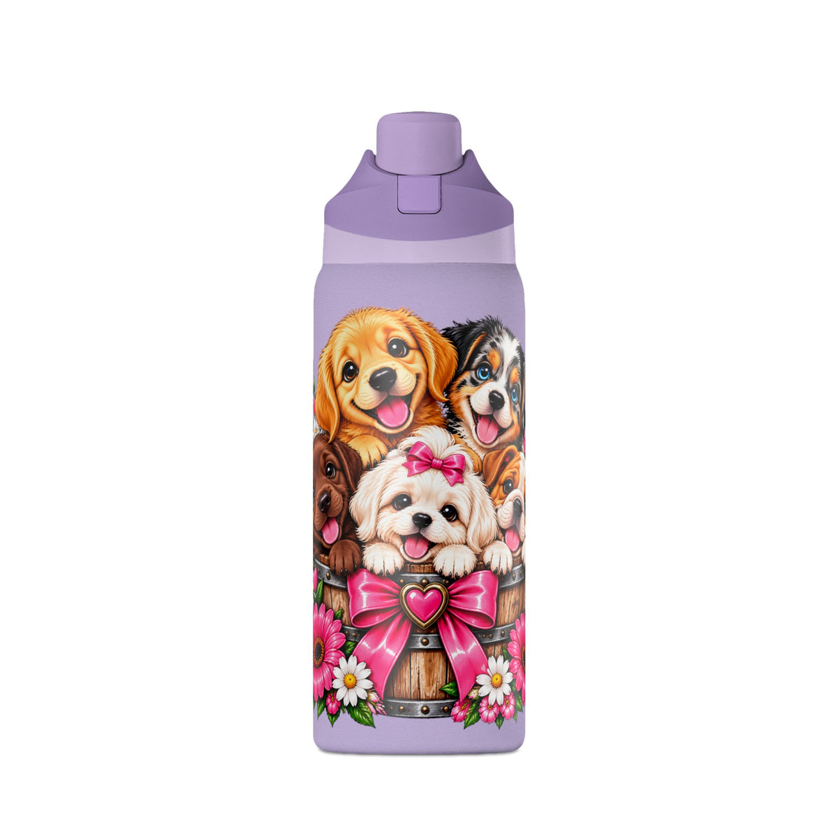 32oz Insulated Water Bottle with Adorable Dogs and Flowers