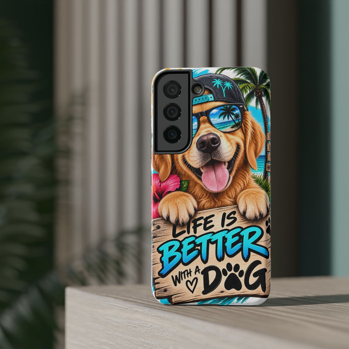 Impact-Resistant Phone Case — "Life Is Better With a Dog" Tropical Dog Design