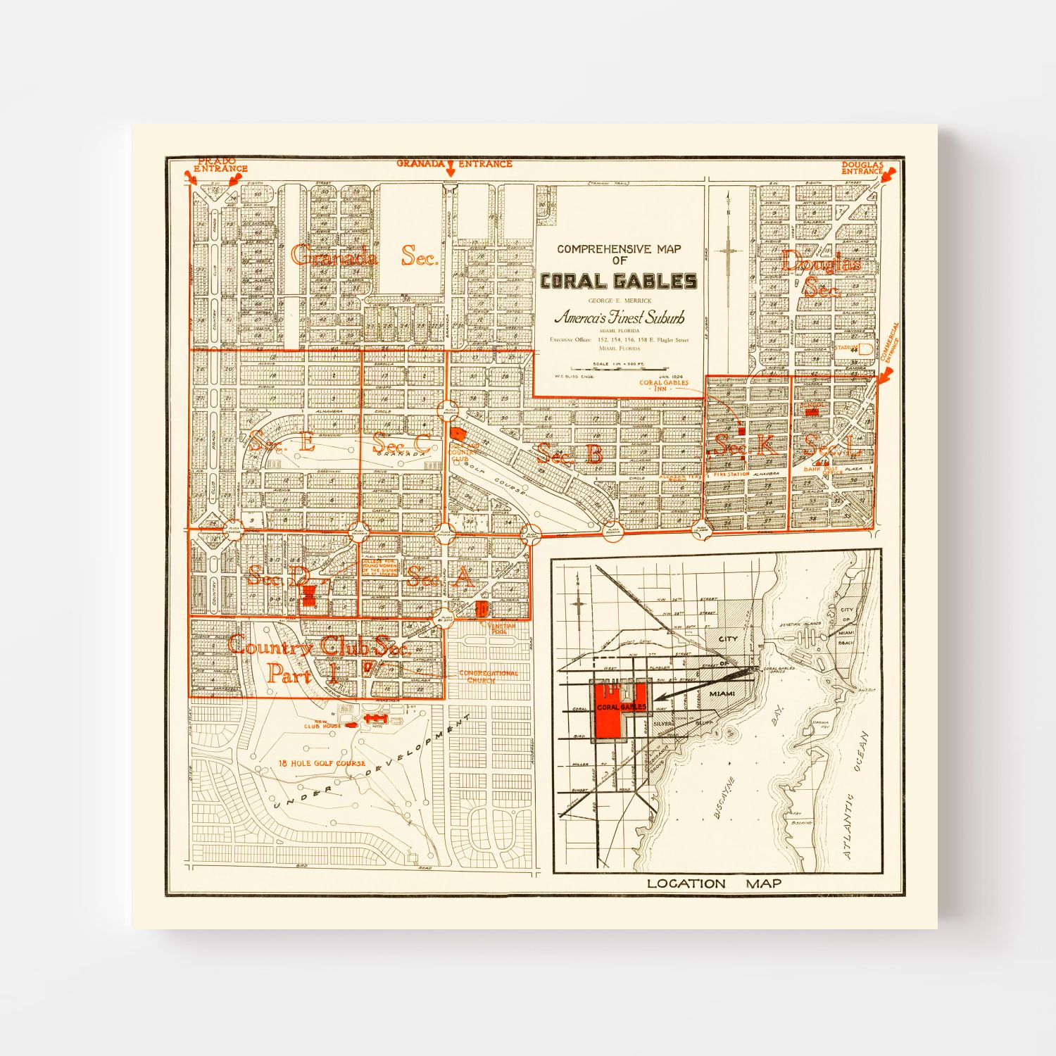 Vintage Map of Coral Gables, Florida 1924