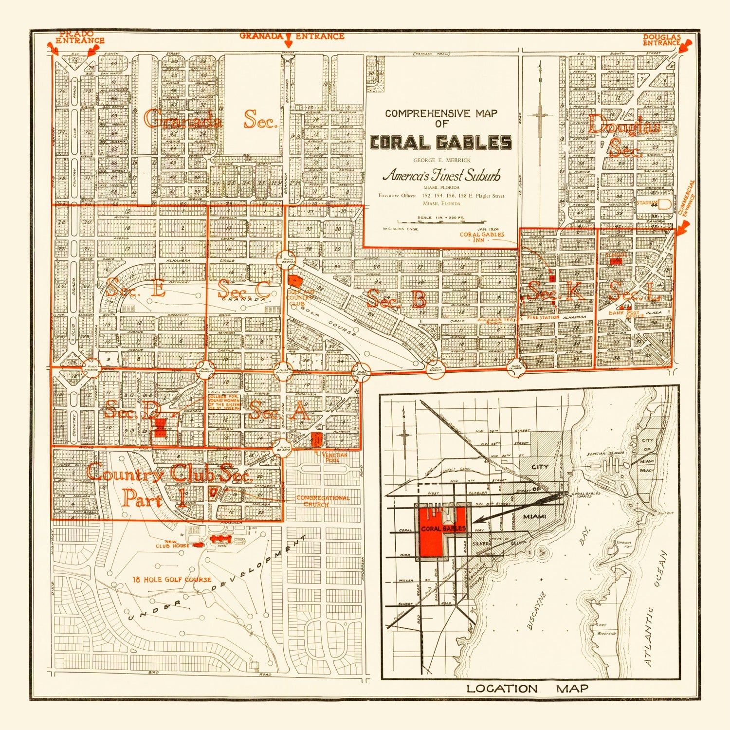 Vintage Map of Coral Gables, Florida 1924