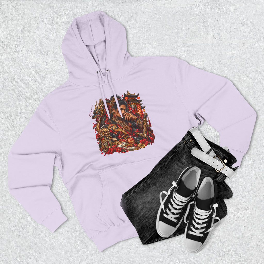 Dragon Battle Hoodie — Three-Panel Fleece Hooded Sweatshirt with Fiery Fantasy Artwork