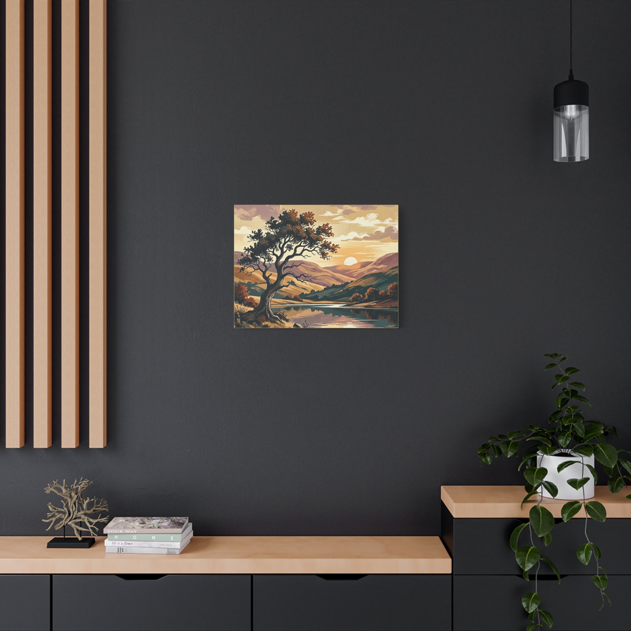 Sunset Lake Landscape Canvas - Vintage Tree Wall Art Print
