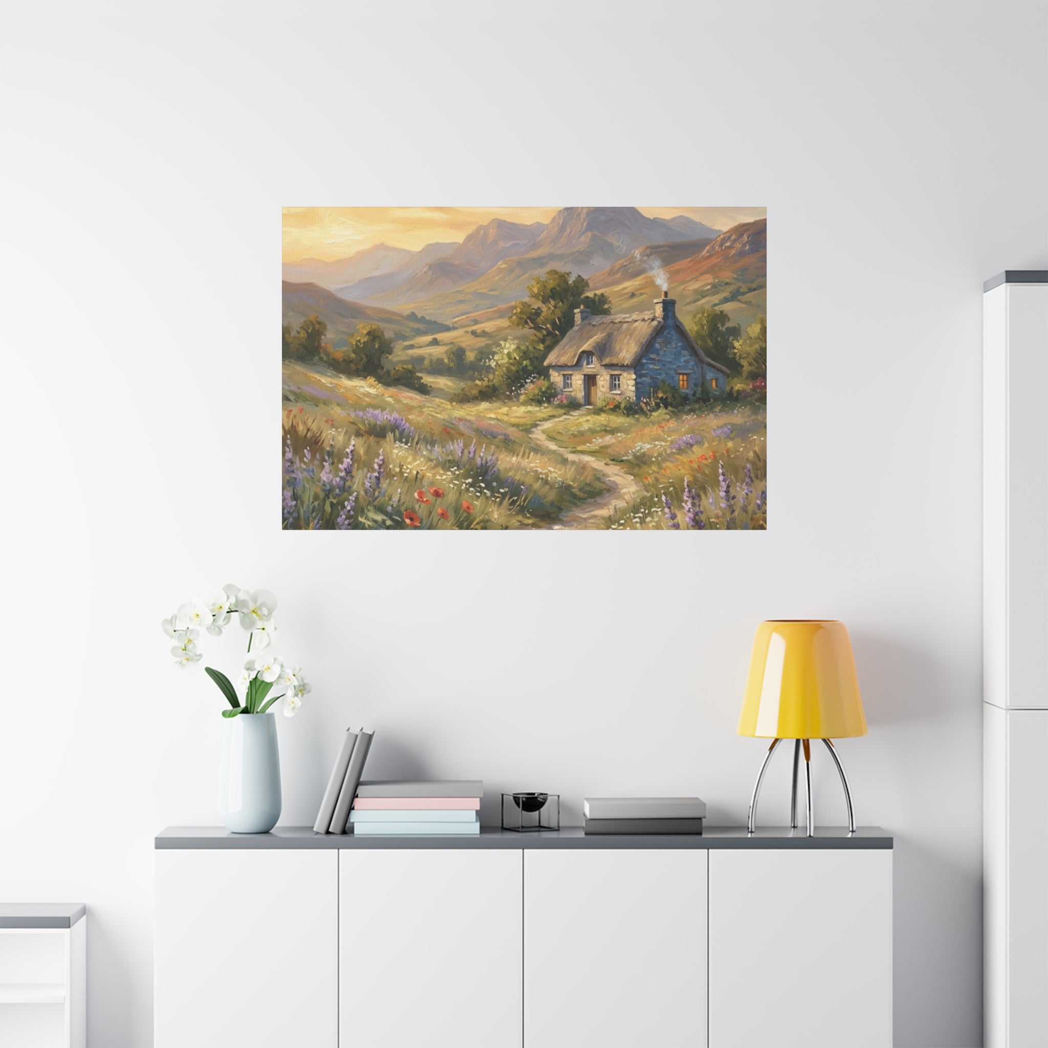 Countryside Cottage Canvas Wall Art — Tranquil Rustic Landscape Print