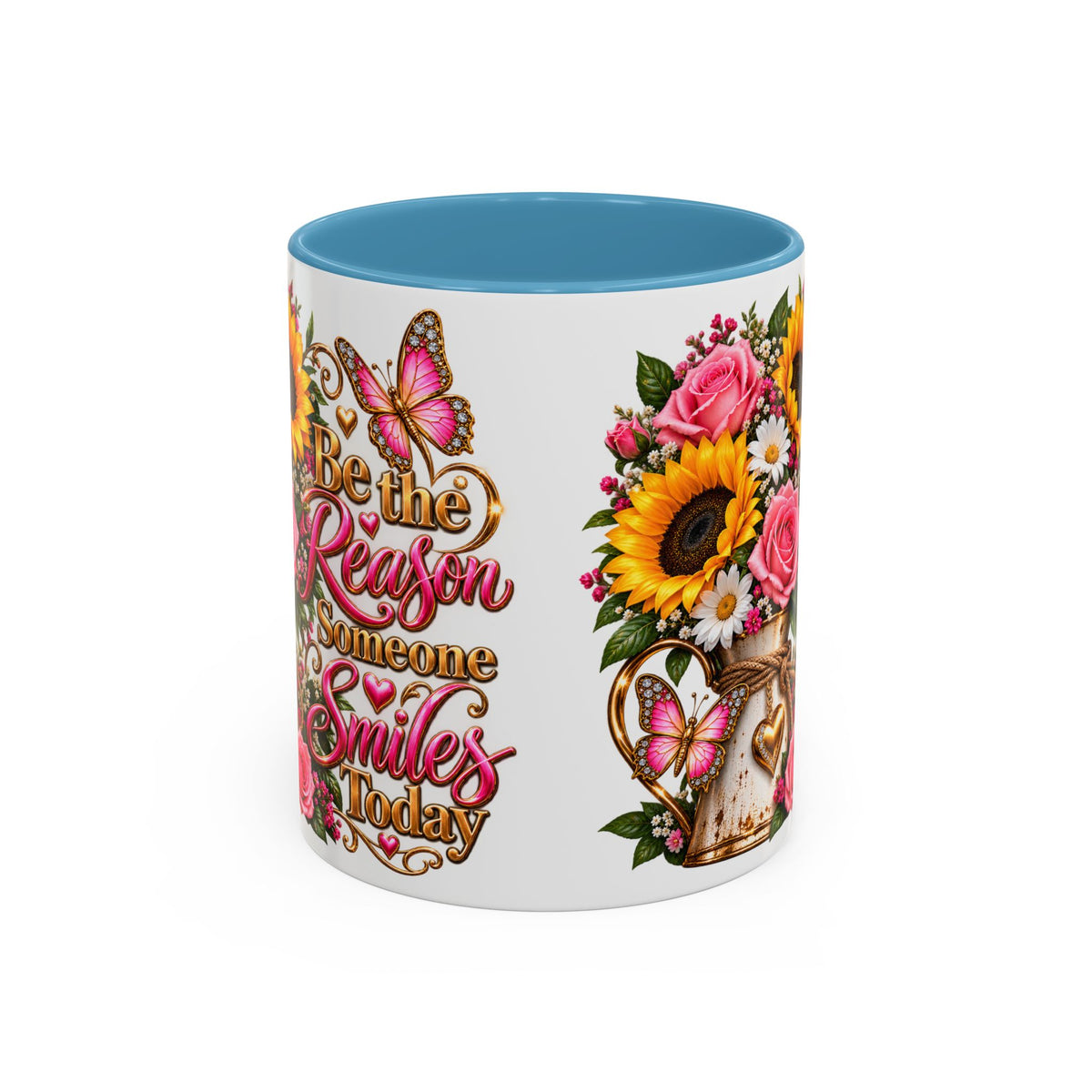 Be the Reason Someone Smiles Today Accent Coffee Mug – Floral Sunflower & Rose Inspirational 11/15oz