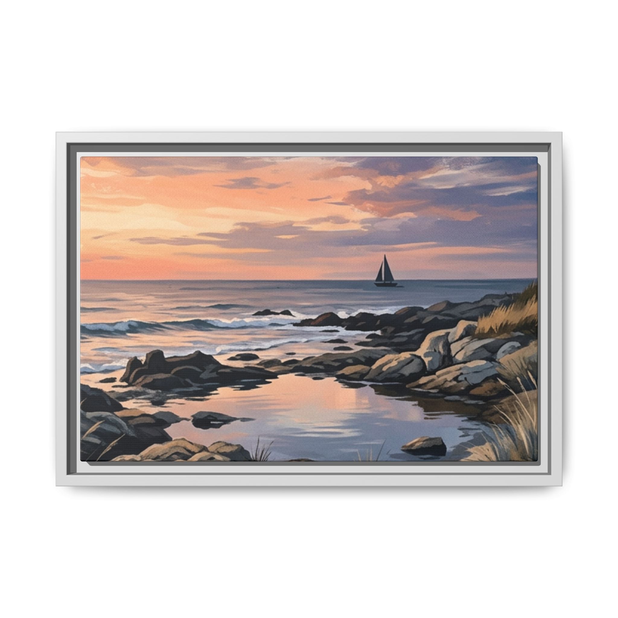 Framed Seaside Sunset Matte Canvas Print – Sailboat Coastal Wall Art