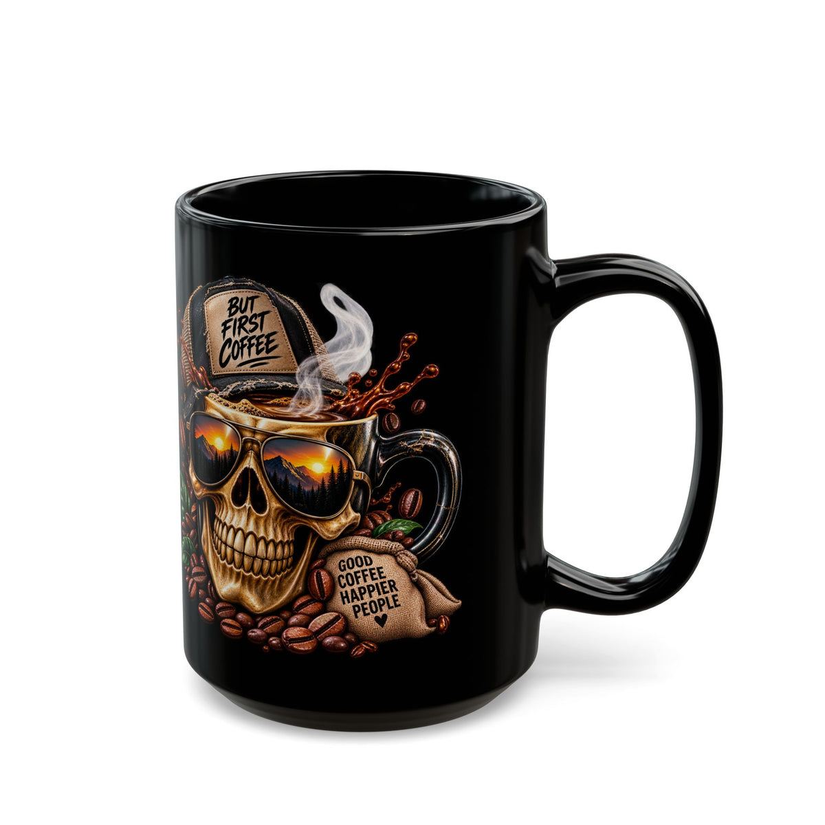 Skull Coffee Mug — "But First Coffee" Black Ceramic Mug (11oz/15oz)