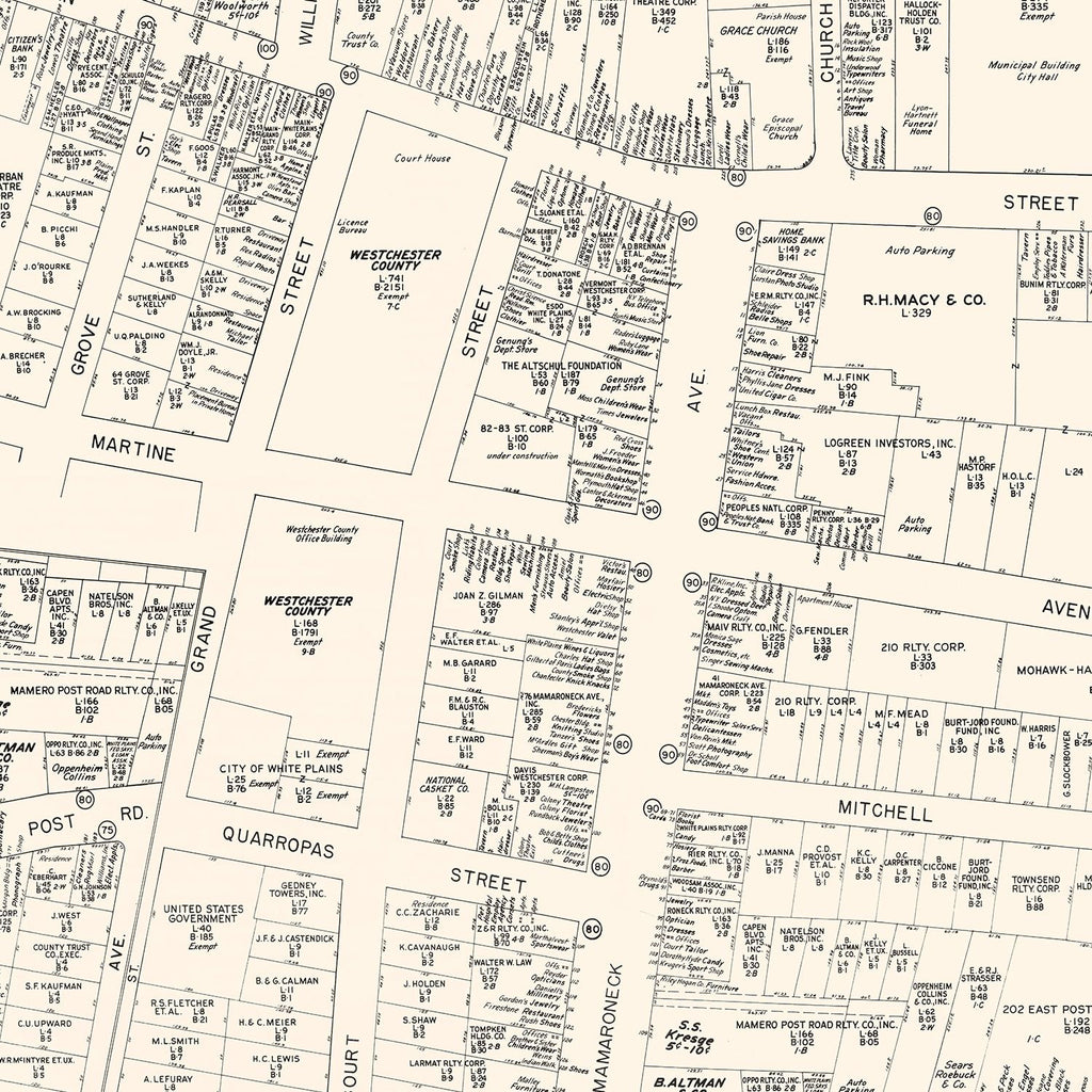 Vintage Map of White Plain, NY Business Section 1947