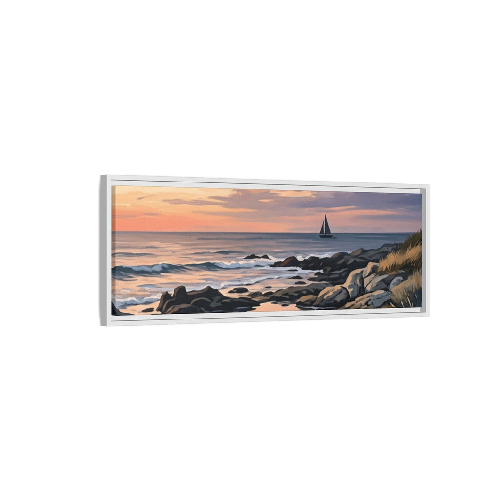 Framed Seaside Sunset Matte Canvas Print – Sailboat Coastal Wall Art