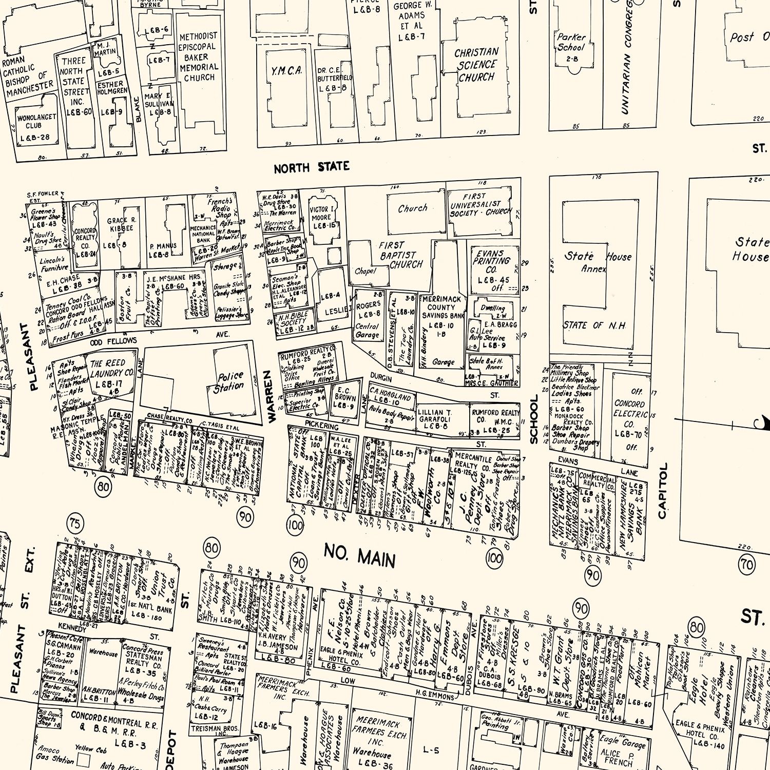Vintage Map of Concord, NH Business Section 1946