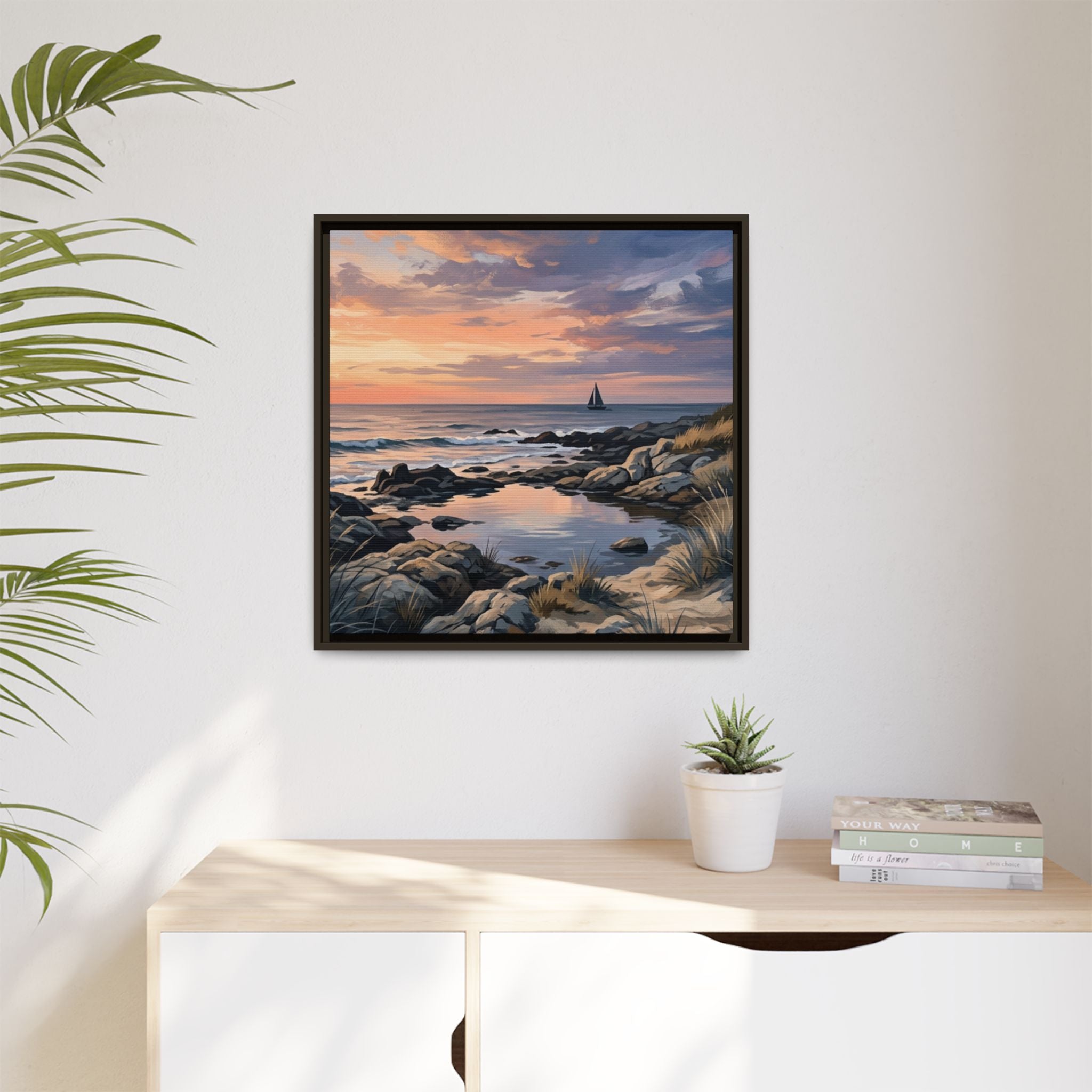 Framed Seaside Sunset Matte Canvas Print – Sailboat Coastal Wall Art