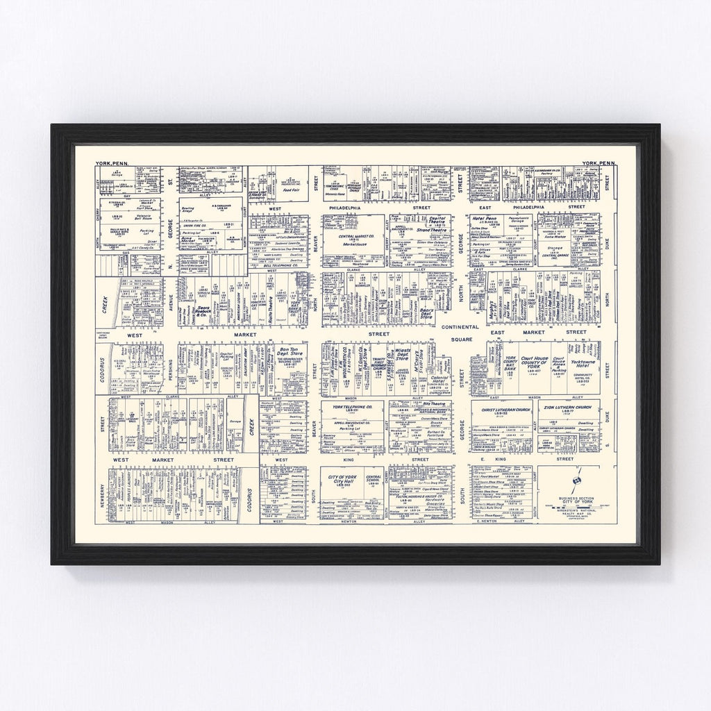 Vintage Map of York, PA Business Section 1950