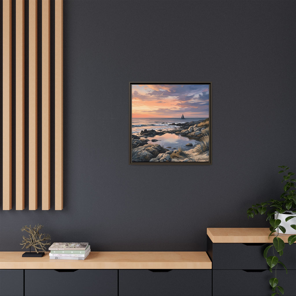 Framed Seaside Sunset Matte Canvas Print – Sailboat Coastal Wall Art