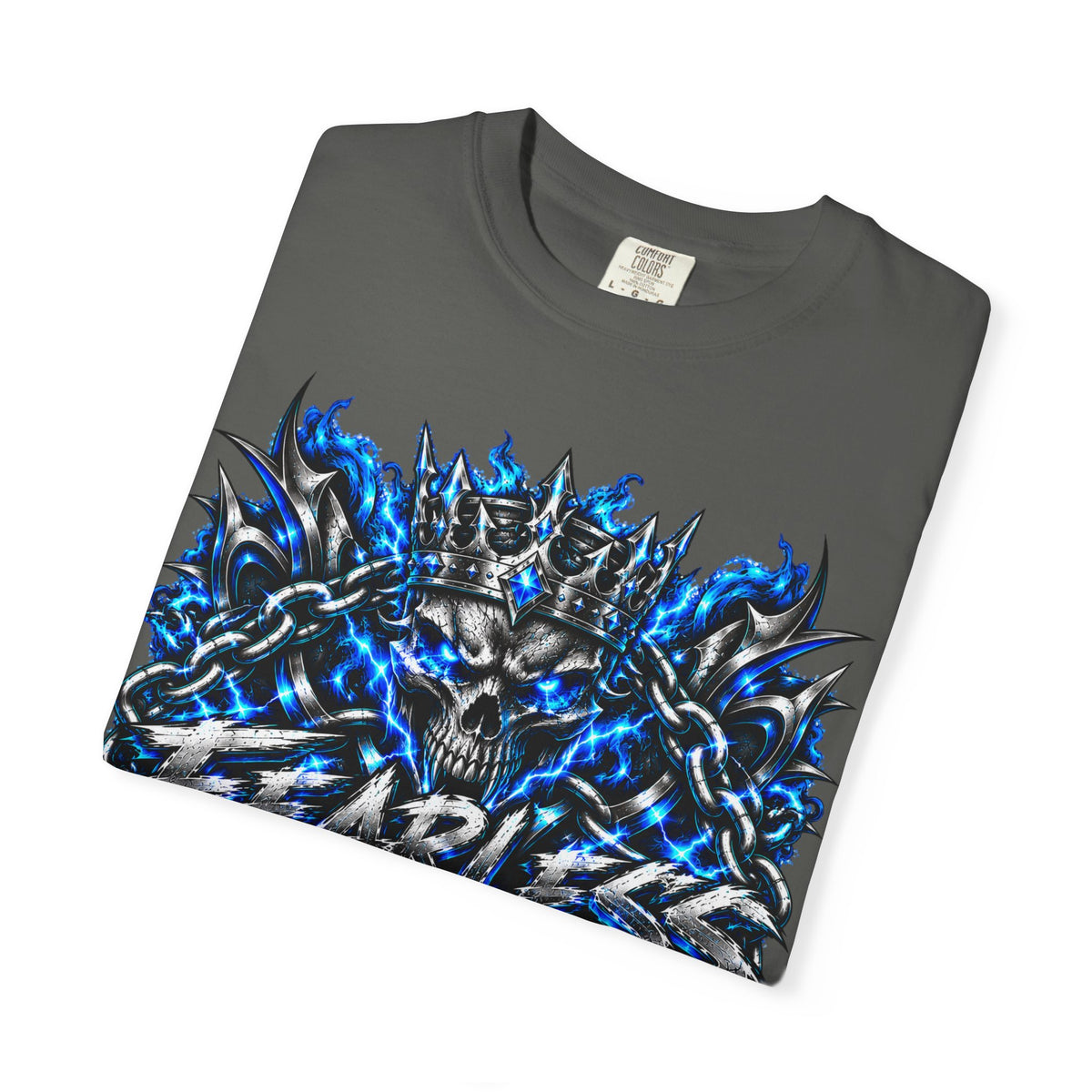 Skull Throne Graphic T-Shirt — Blue Lightning Heavy Metal Tee