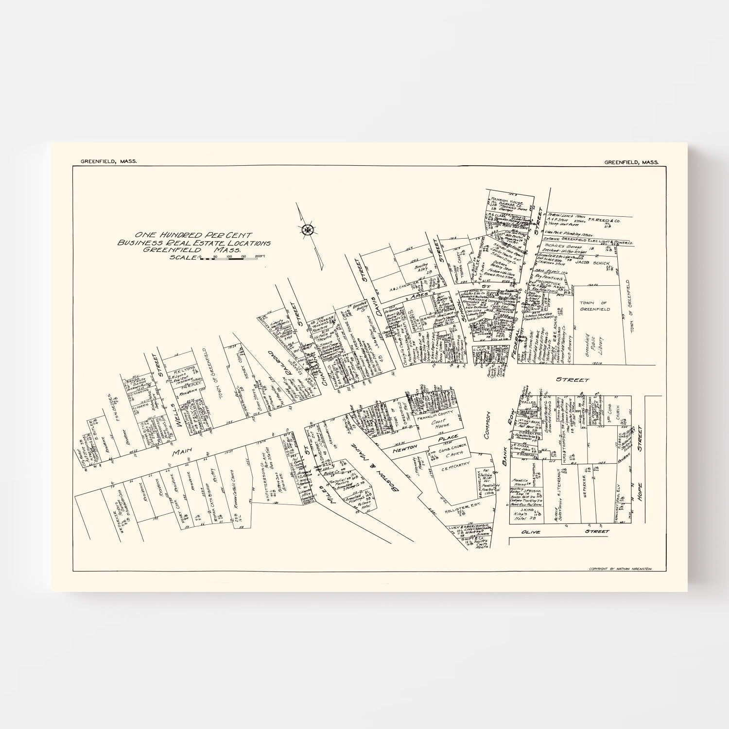 Vintage Map of Greenfield, MA Business Section 1929
