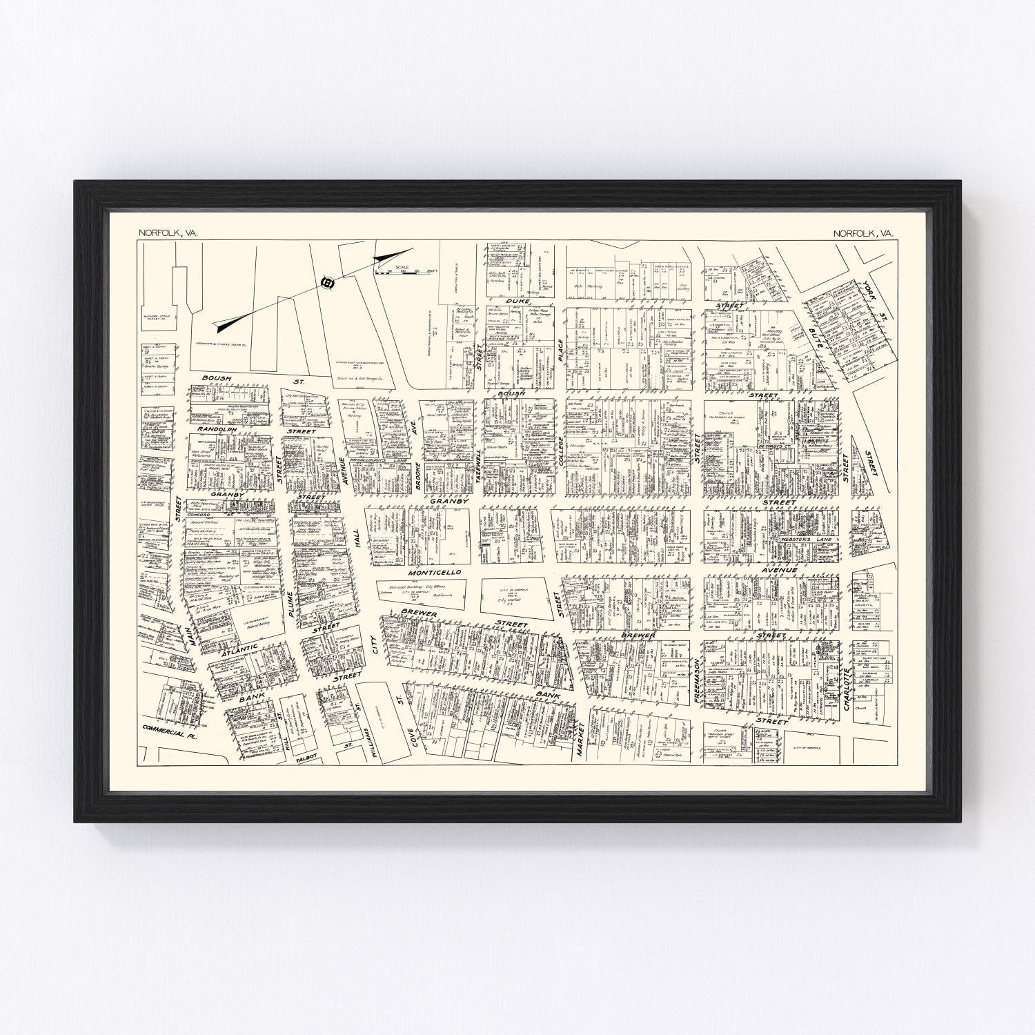 Vintage Map of Norfolk, VA Business Section 1929