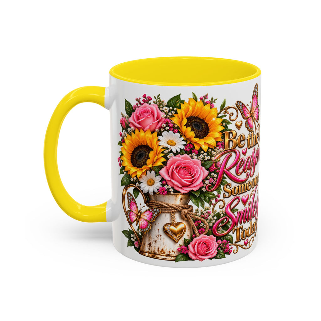 Be the Reason Someone Smiles Today Accent Coffee Mug – Floral Sunflower & Rose Inspirational 11/15oz