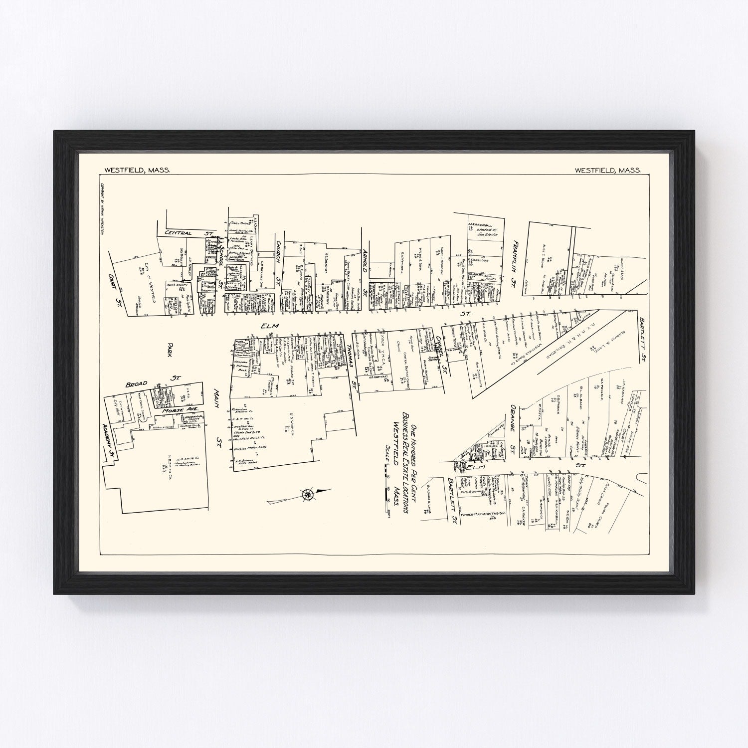 Vintage Map of Westfield, MA Business Section 1929