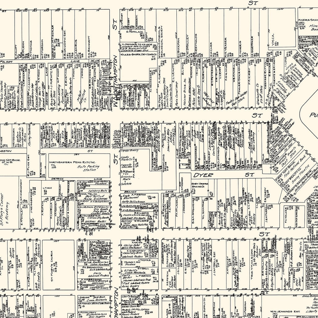 Vintage Map of Wilkes-Barre, PA Business Section 1929