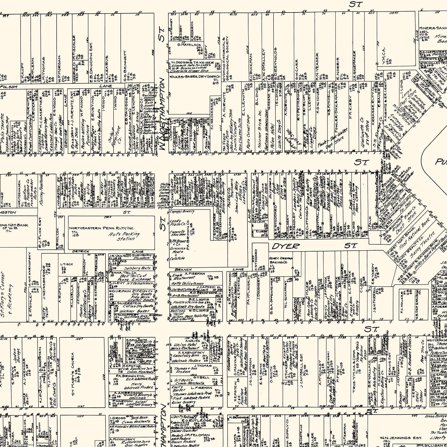 Vintage Map of Wilkes-Barre, PA Business Section 1929