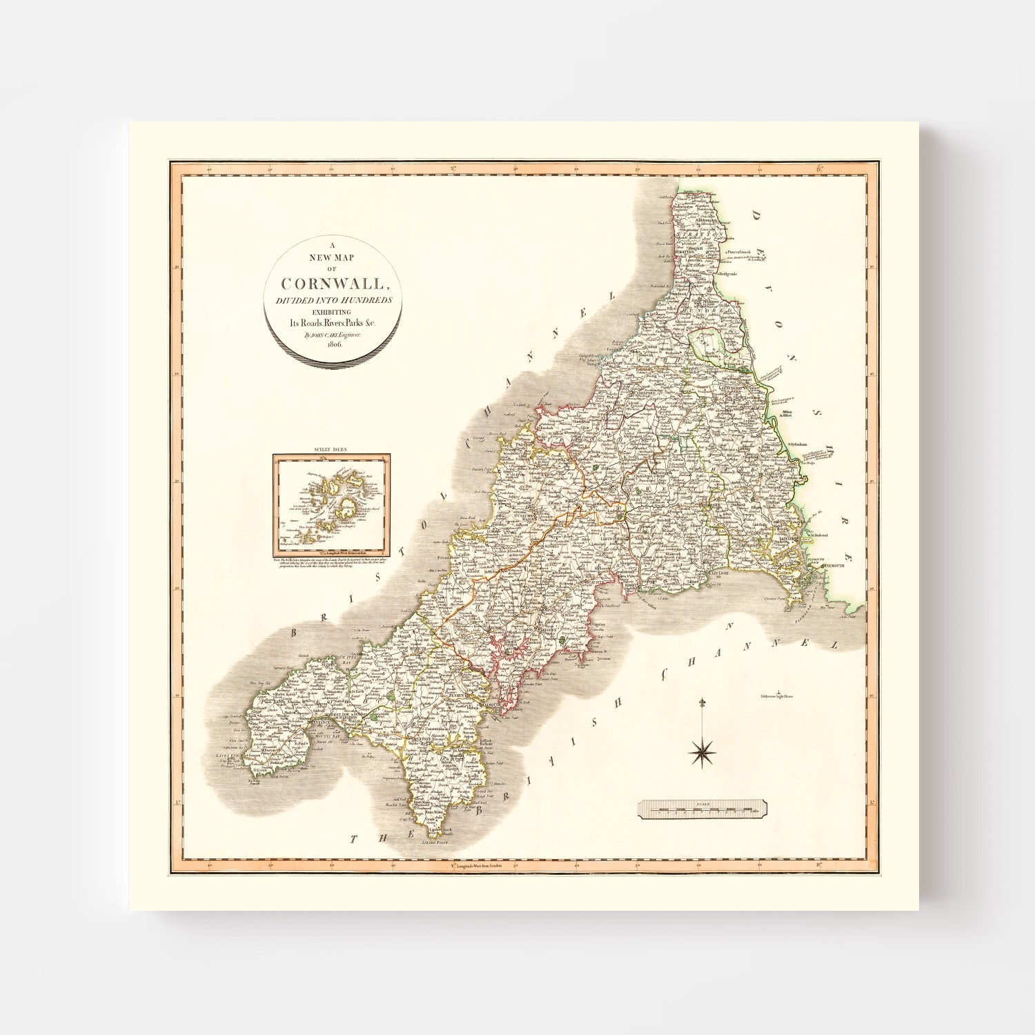 Vintage Map of Cornwall County England, 1806