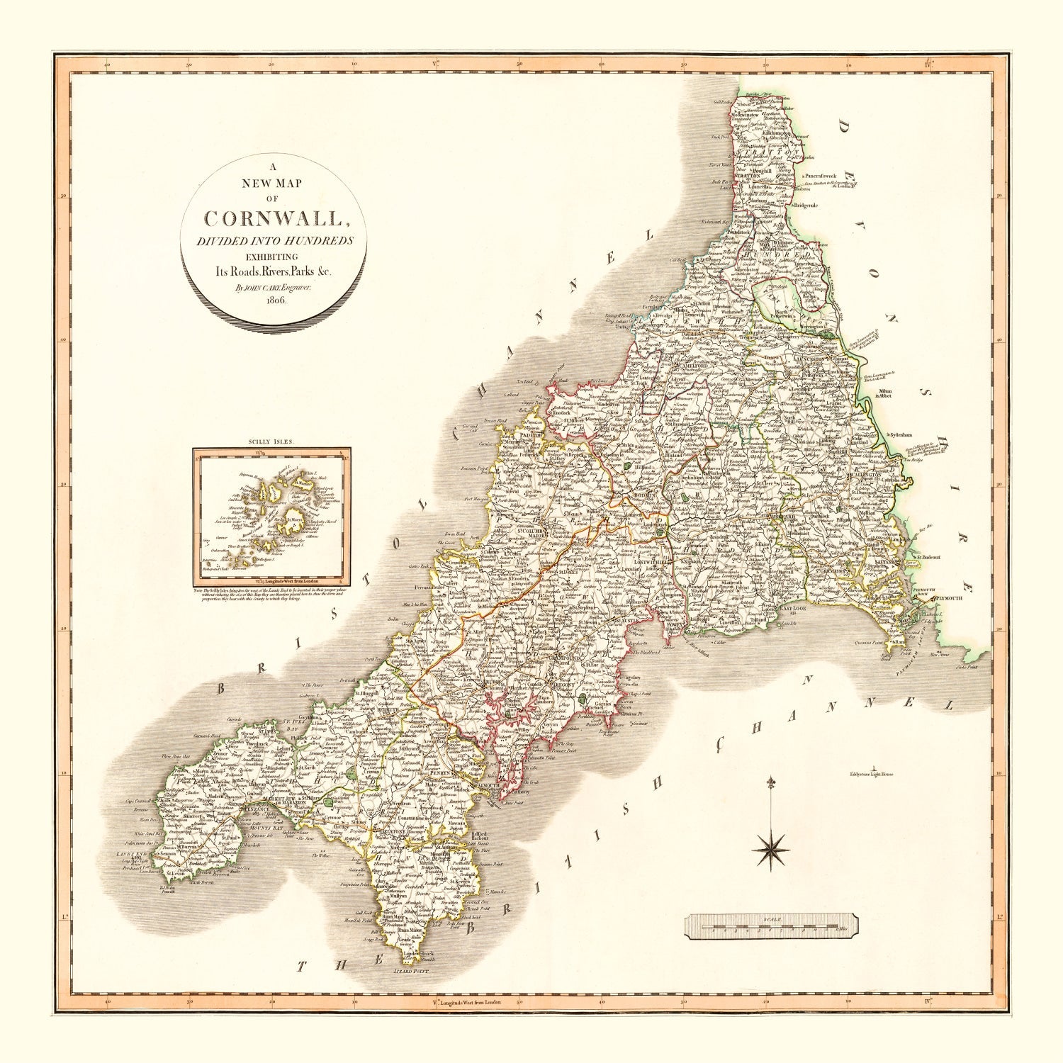 Vintage Map of Cornwall County England, 1806