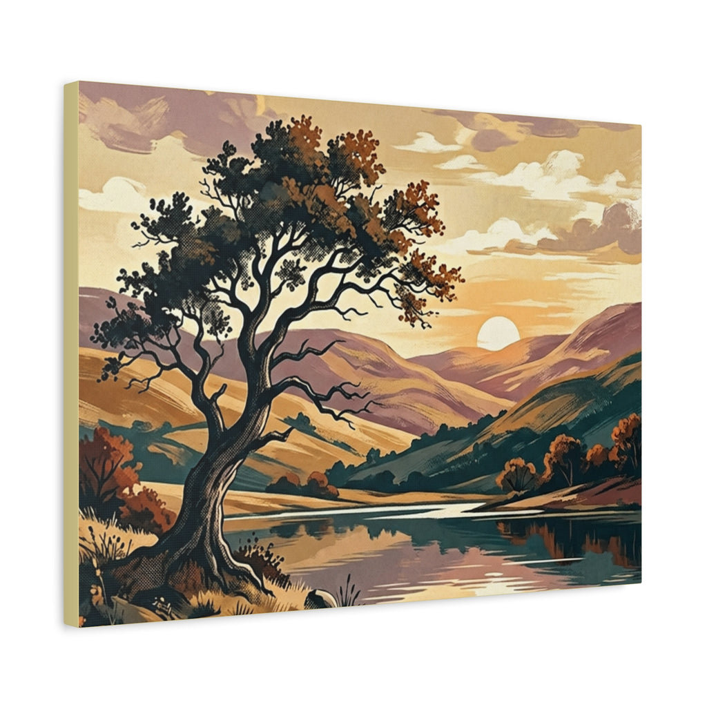 Sunset Lake Landscape Canvas - Vintage Tree Wall Art Print