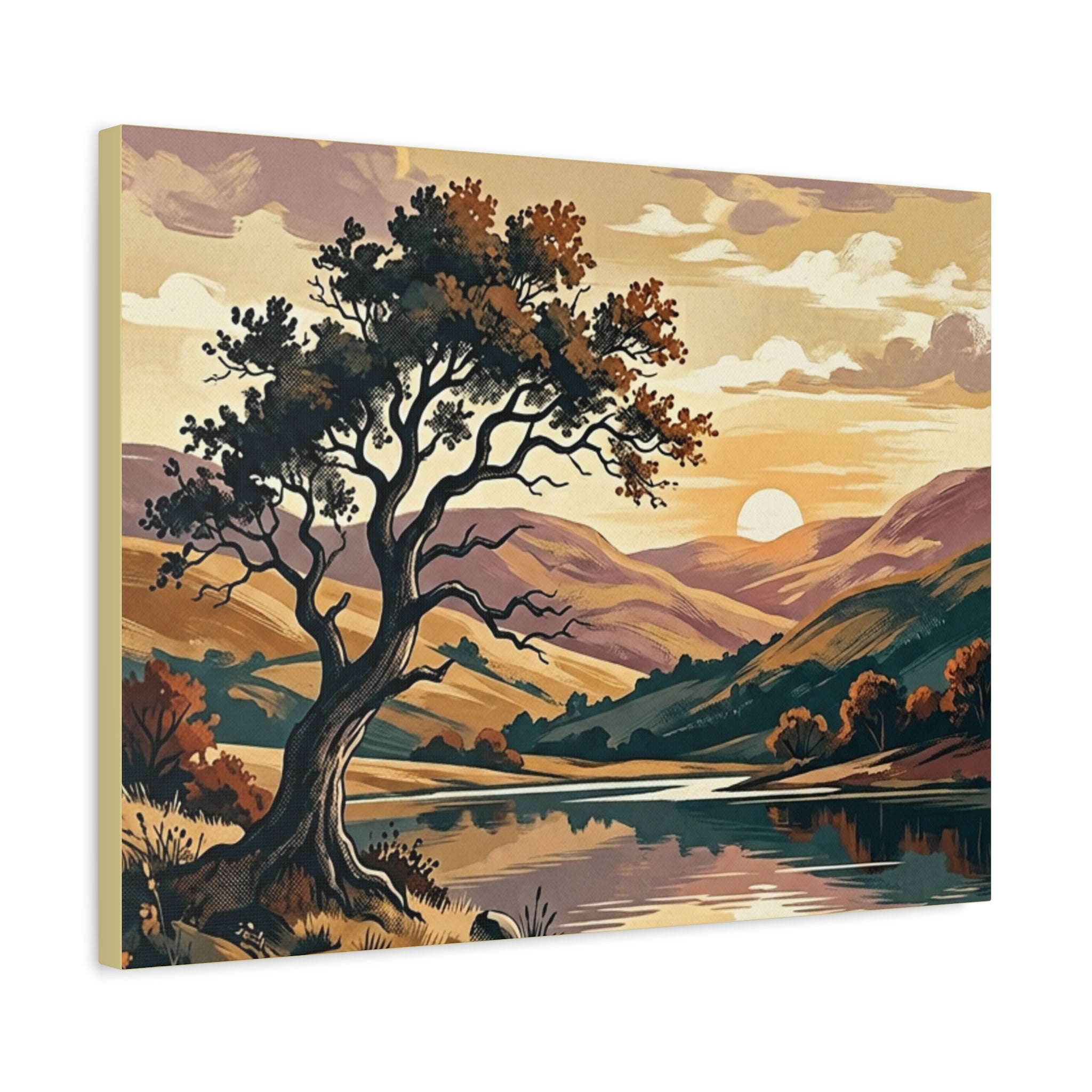 Sunset Lake Landscape Canvas - Vintage Tree Wall Art Print