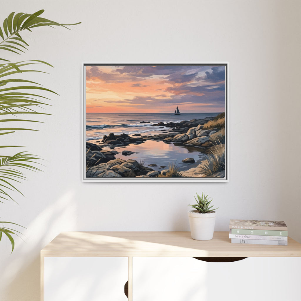 Framed Seaside Sunset Matte Canvas Print – Sailboat Coastal Wall Art
