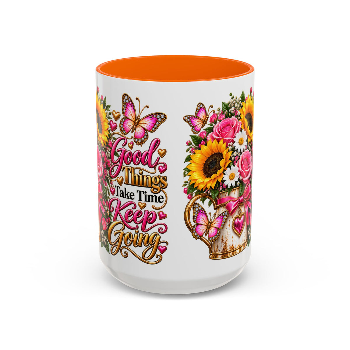 Inspiring Floral Coffee Mug — "Good Things Take Time, Keep Going"