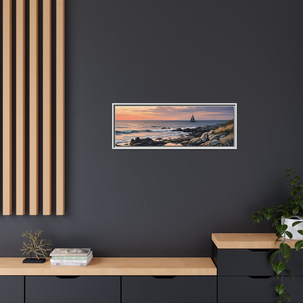 Framed Seaside Sunset Matte Canvas Print – Sailboat Coastal Wall Art