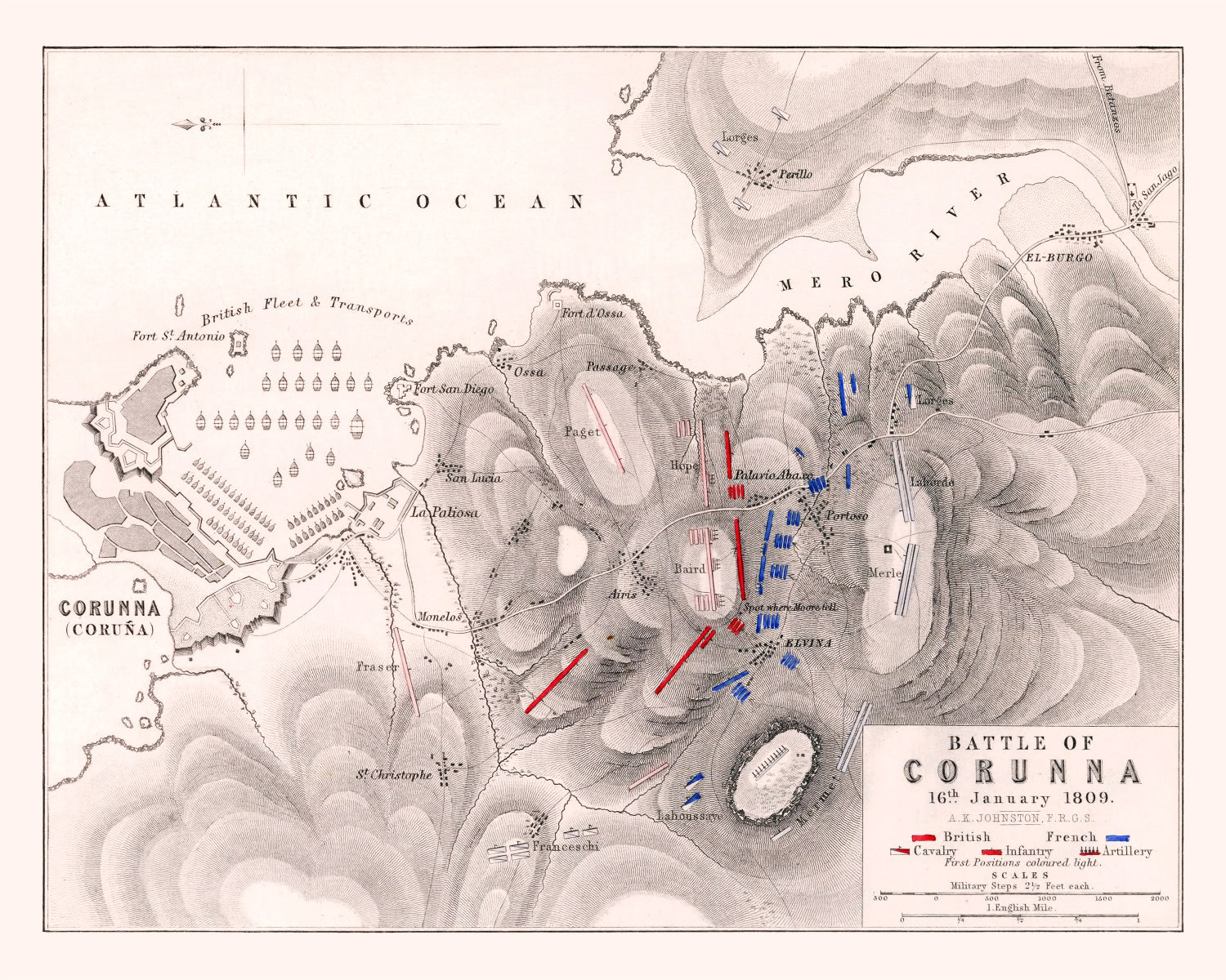 Vintage Map of the Battle of Corunna, 1809