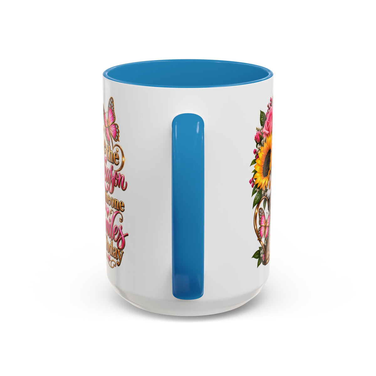 Be the Reason Someone Smiles Today Accent Coffee Mug – Floral Sunflower & Rose Inspirational 11/15oz
