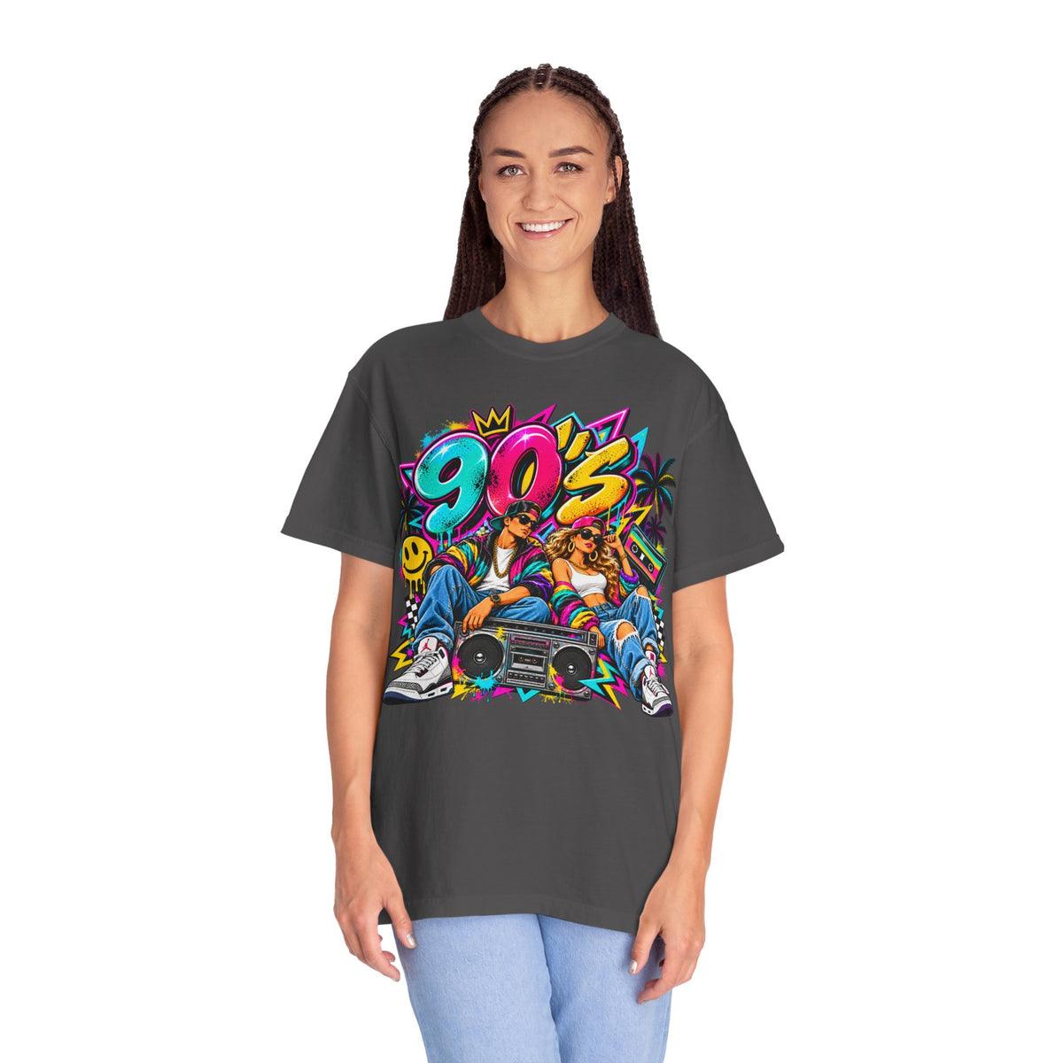 90s Retro Streetwear T-Shirt — Vintage Boombox & Neon Graffiti Design