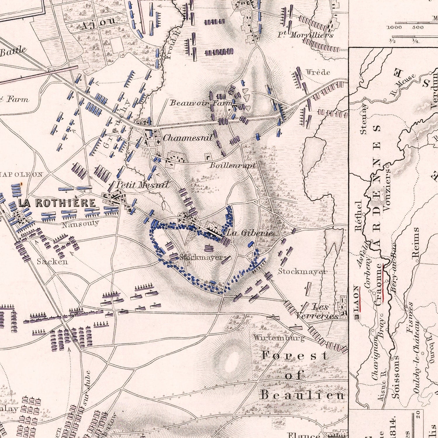 Vintage Map of the Battle of La Rothiere, 1814