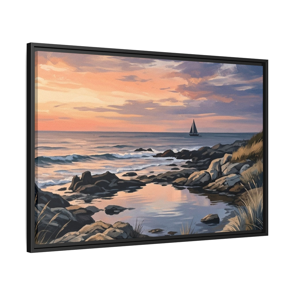 Framed Seaside Sunset Matte Canvas Print – Sailboat Coastal Wall Art