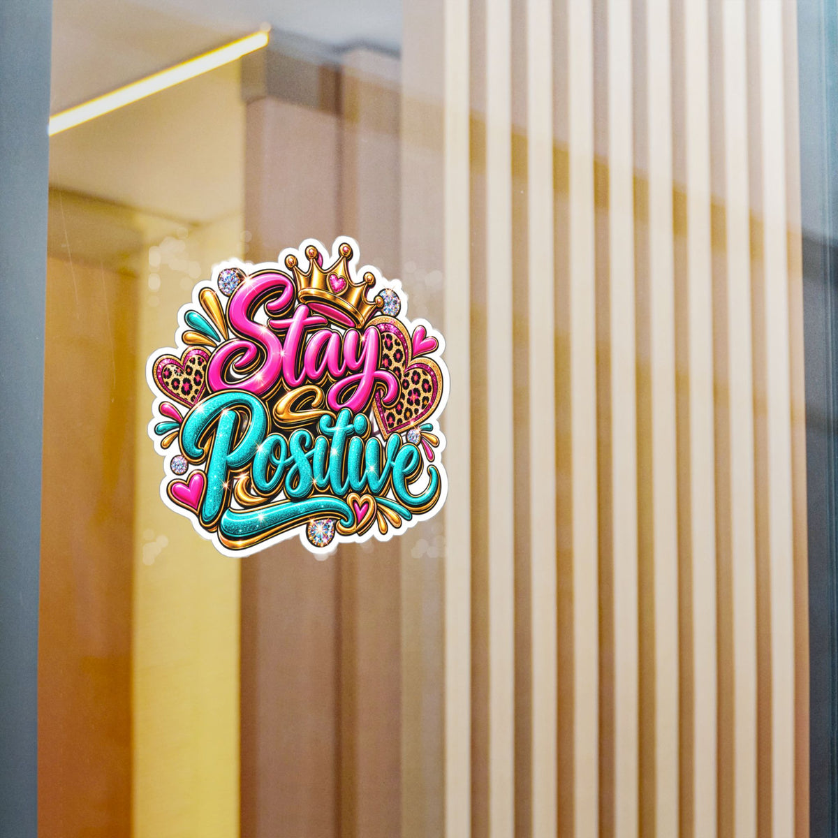 Stay Positive Vinyl Sticker — Colorful Crowned Heart Decal for Laptops, Water Bottles & Windows