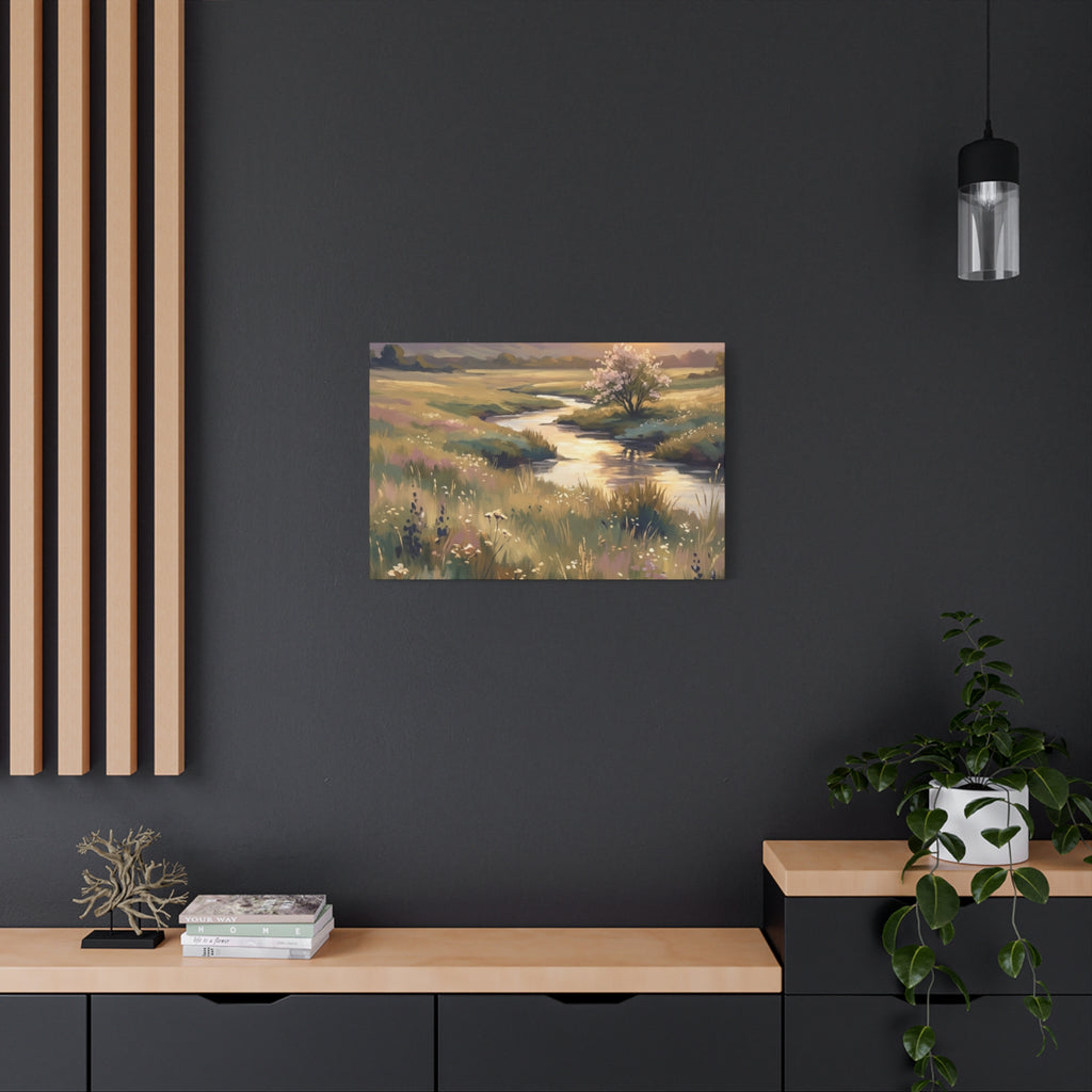 Serene Meadow Stream Matte Canvas Art — Stretched Wall Decor