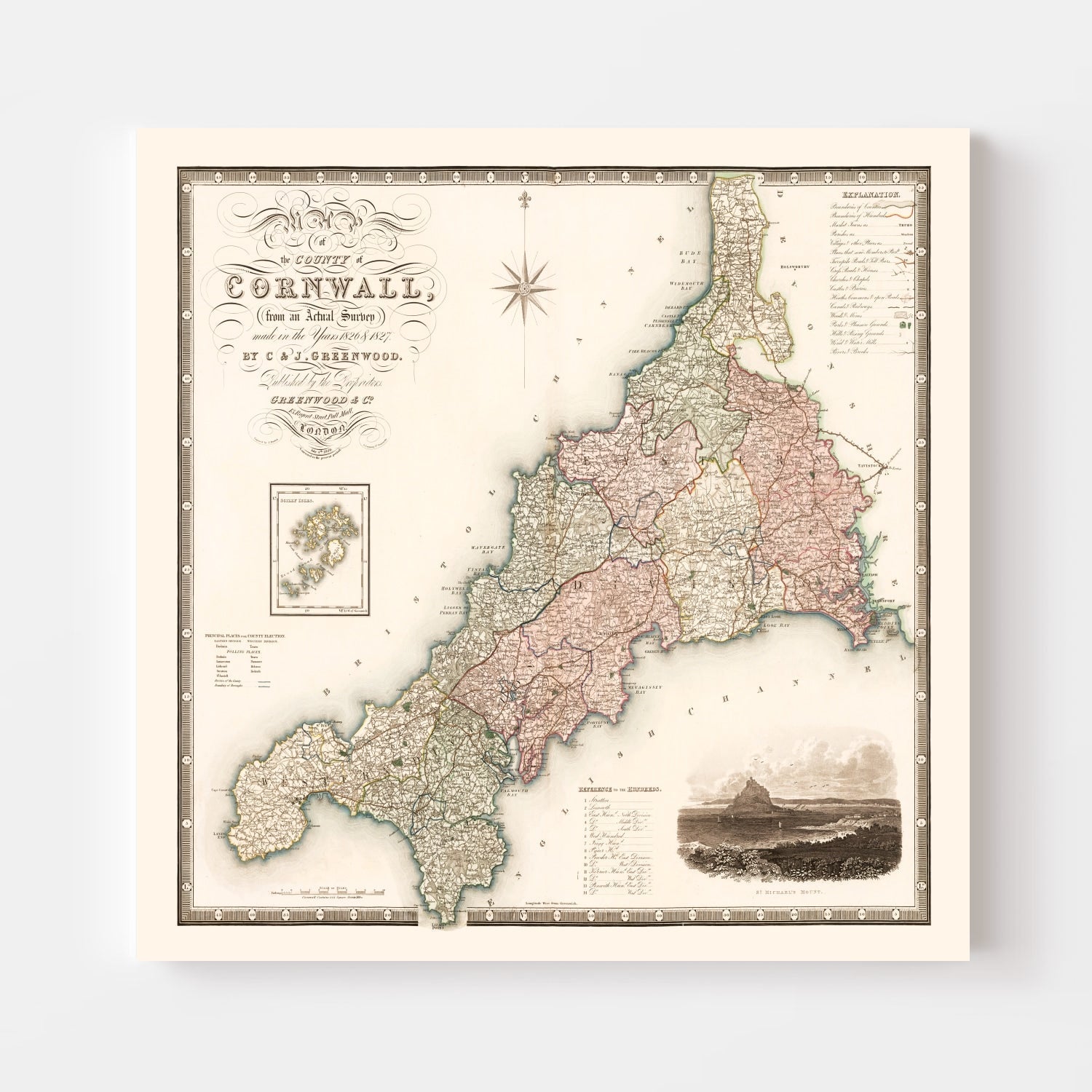 Vintage Map of Cornwall England, 1829