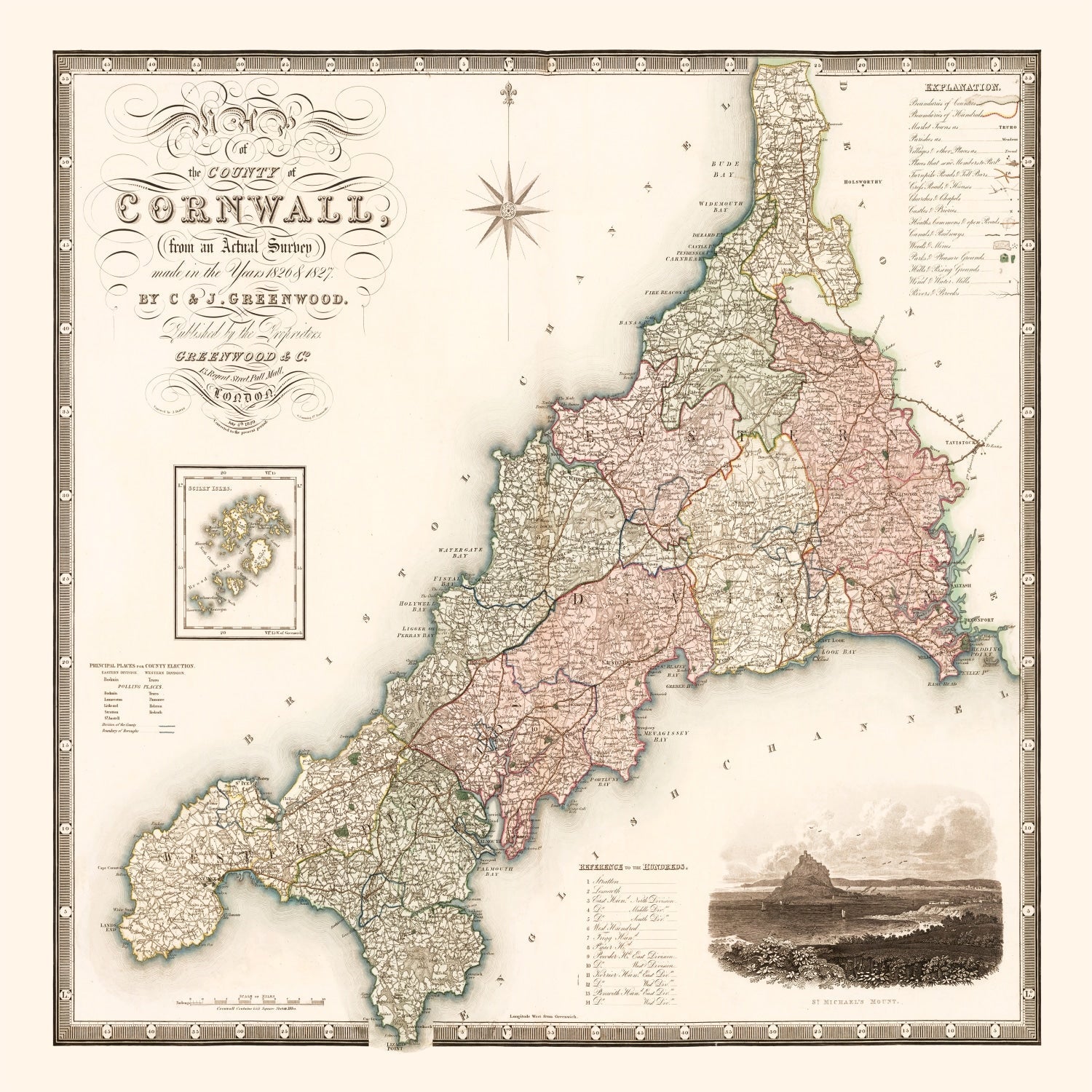 Vintage Map of Cornwall England, 1829
