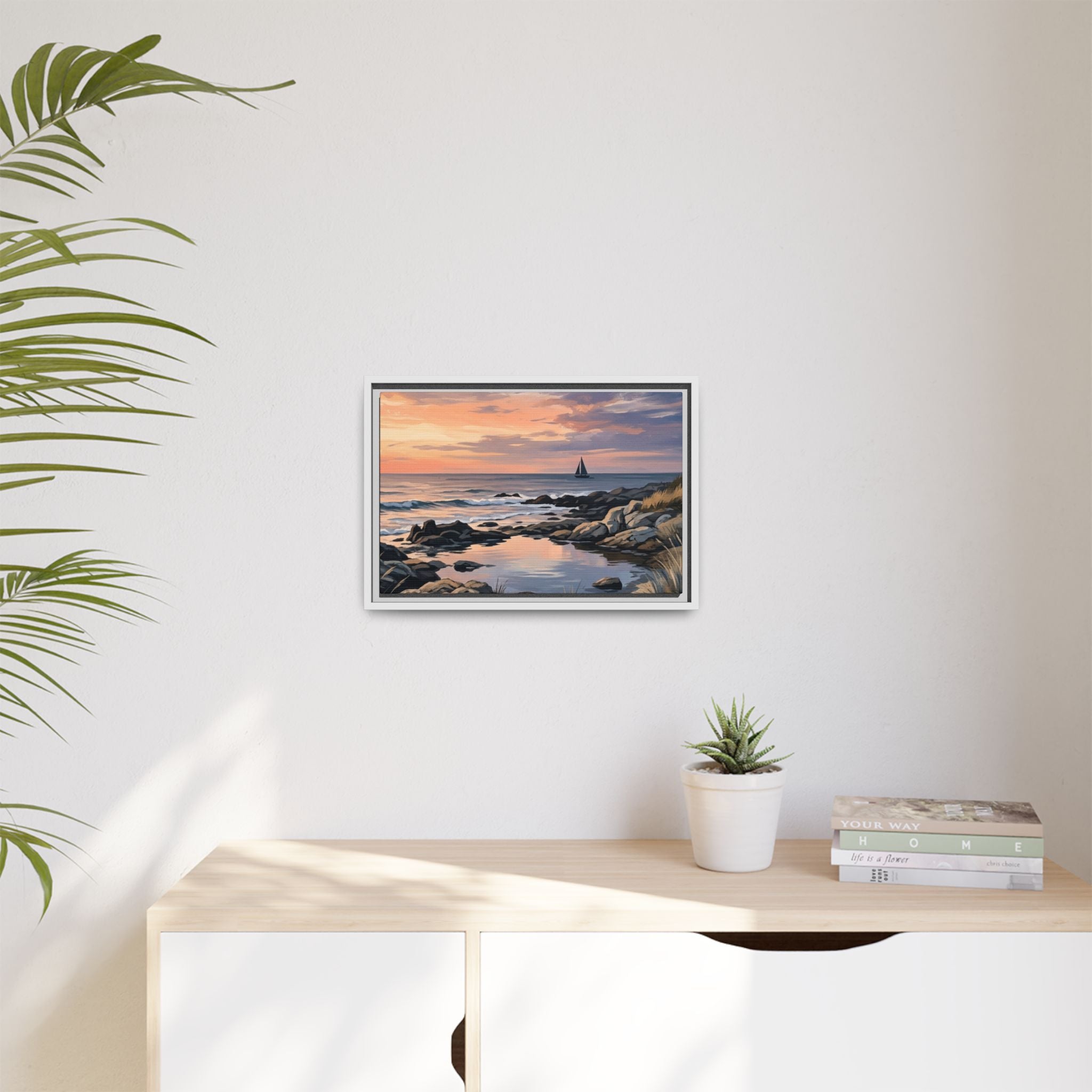 Framed Seaside Sunset Matte Canvas Print – Sailboat Coastal Wall Art