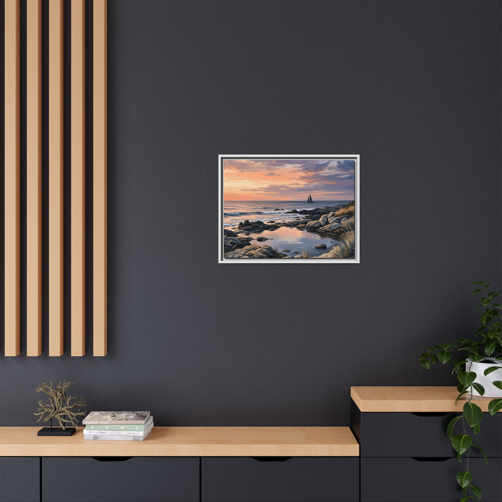 Framed Seaside Sunset Matte Canvas Print – Sailboat Coastal Wall Art