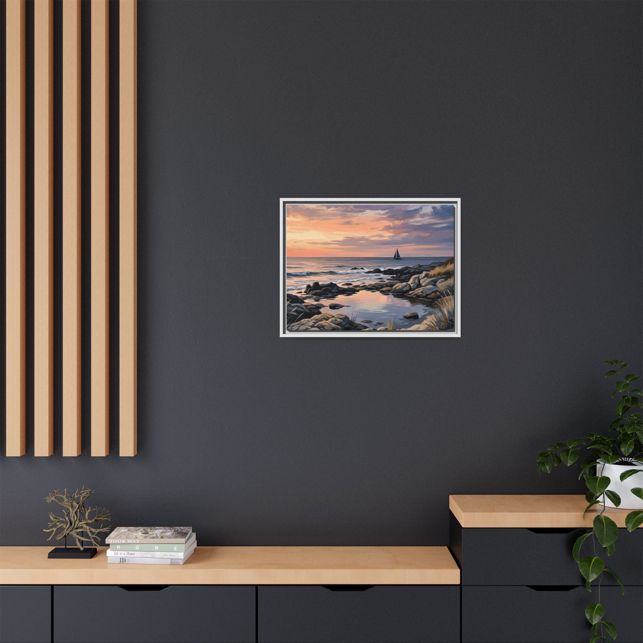 Framed Seaside Sunset Matte Canvas Print – Sailboat Coastal Wall Art