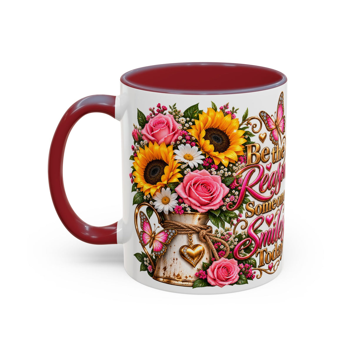 Be the Reason Someone Smiles Today Accent Coffee Mug – Floral Sunflower & Rose Inspirational 11/15oz
