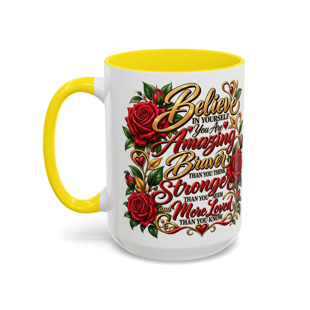 Inspirational Rose Coffee Mug — "Believe in Yourself" Motivational Tea Cup