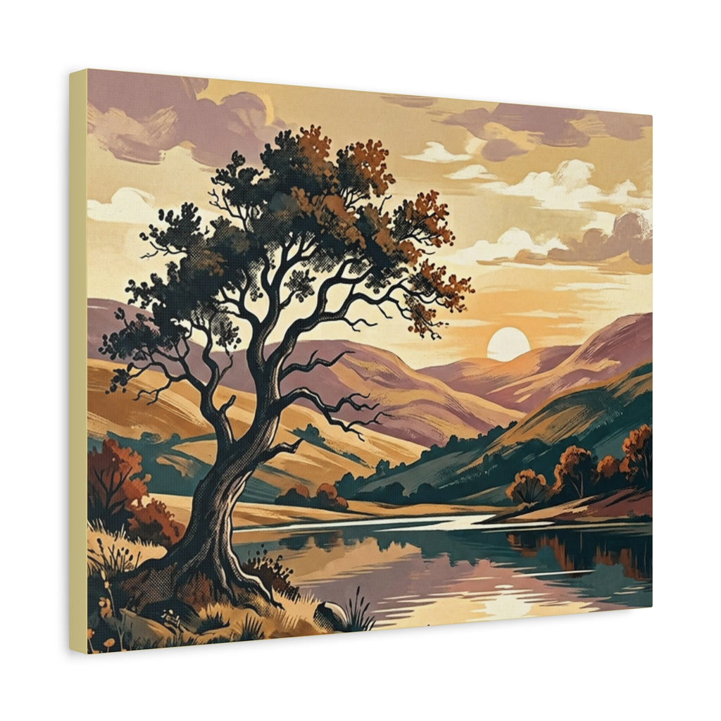 Sunset Lake Landscape Canvas - Vintage Tree Wall Art Print