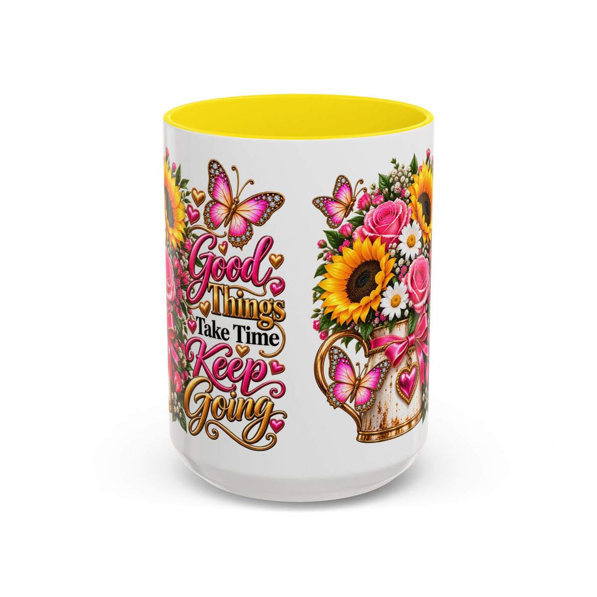 Inspiring Floral Coffee Mug — "Good Things Take Time, Keep Going"