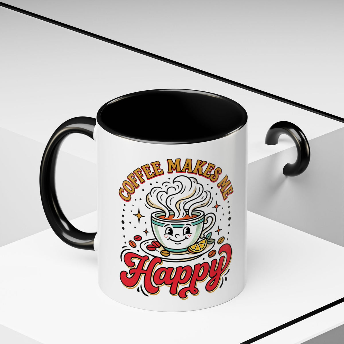 Coffee Mug — "Coffee Makes Me Happy" Cute Retro Accent Mug (11/15oz)